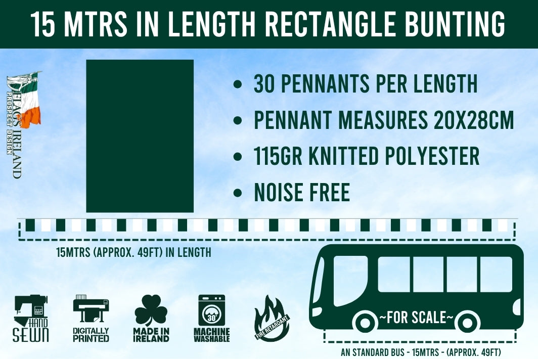 Bunting product information with green rectangle bunting and scale bus illustration.