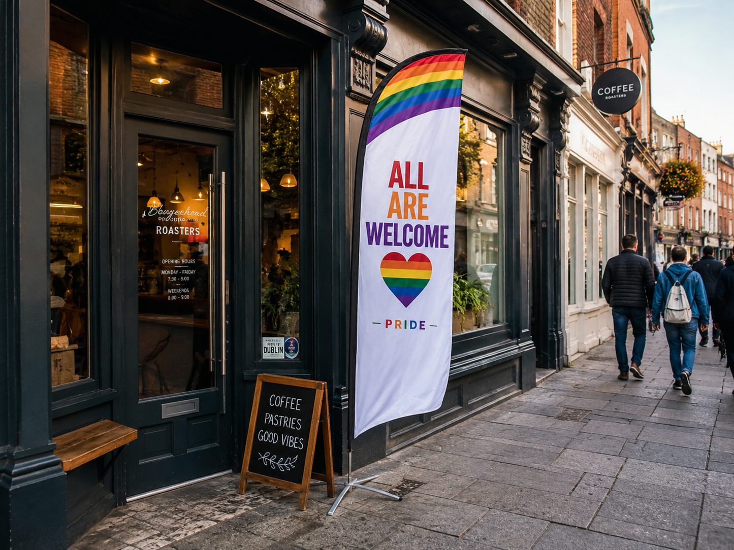 Coffee Shop Storefront with a rainbow flag banner reading 'All are welcome' on a city street.