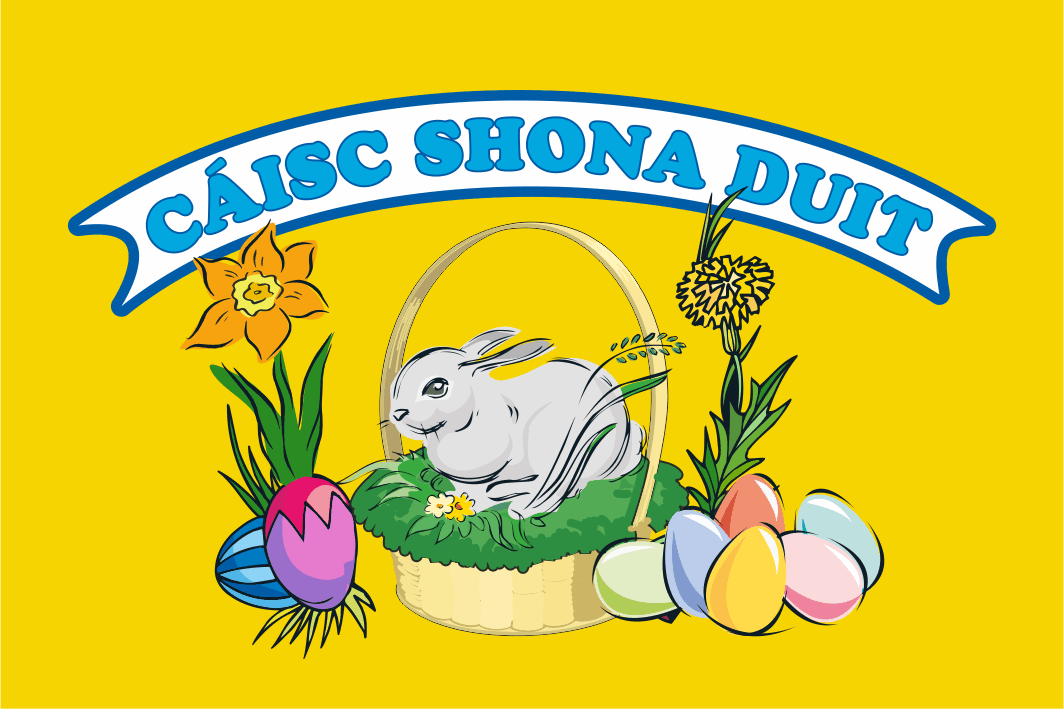 Cáisc Shona Duit(Happy Easter) Flag - Bunny & Basket Golden yellow background