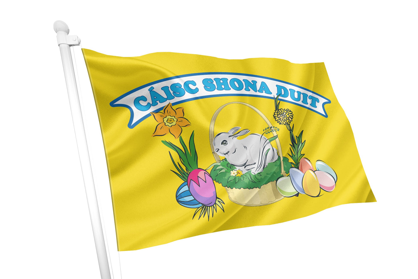 Cáisc Shona Duit(Happy Easter) Flag - Bunny & Basket Golden yellow background