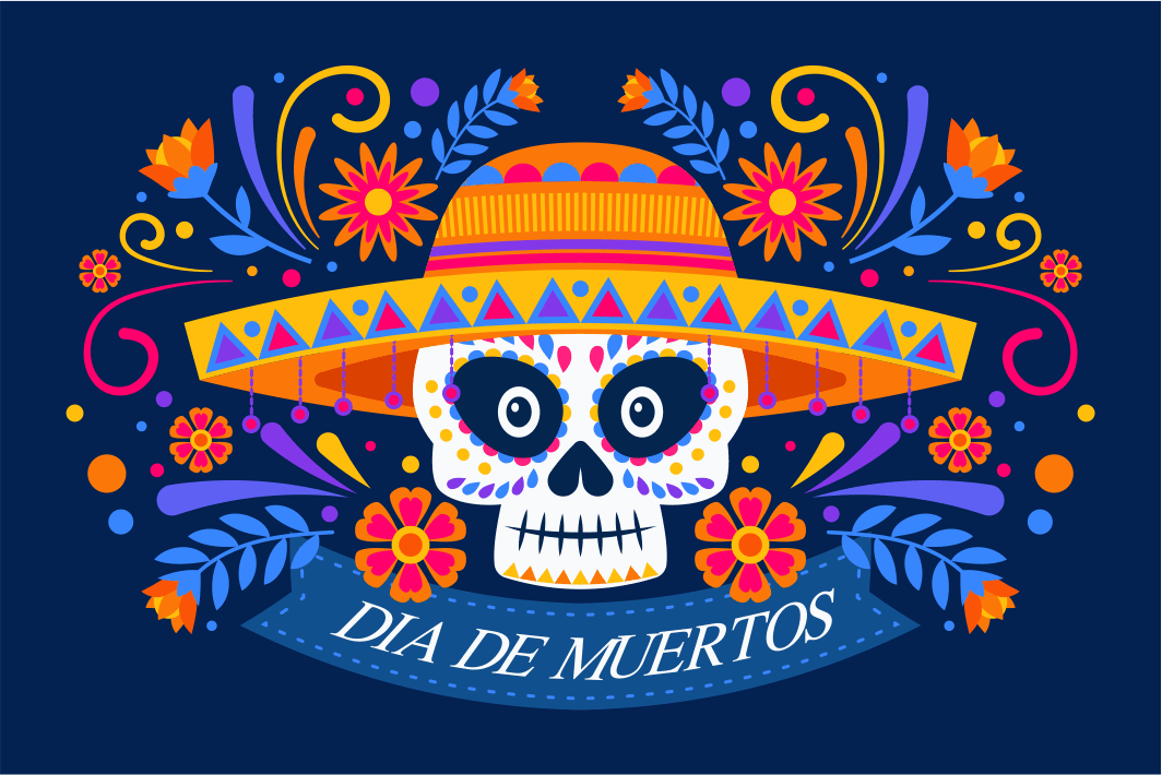 Dia de Muertos Flag - Mexican Hat with Navy Blue Background