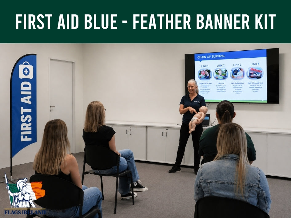 First Aid blue feather banner placed in a first aid class