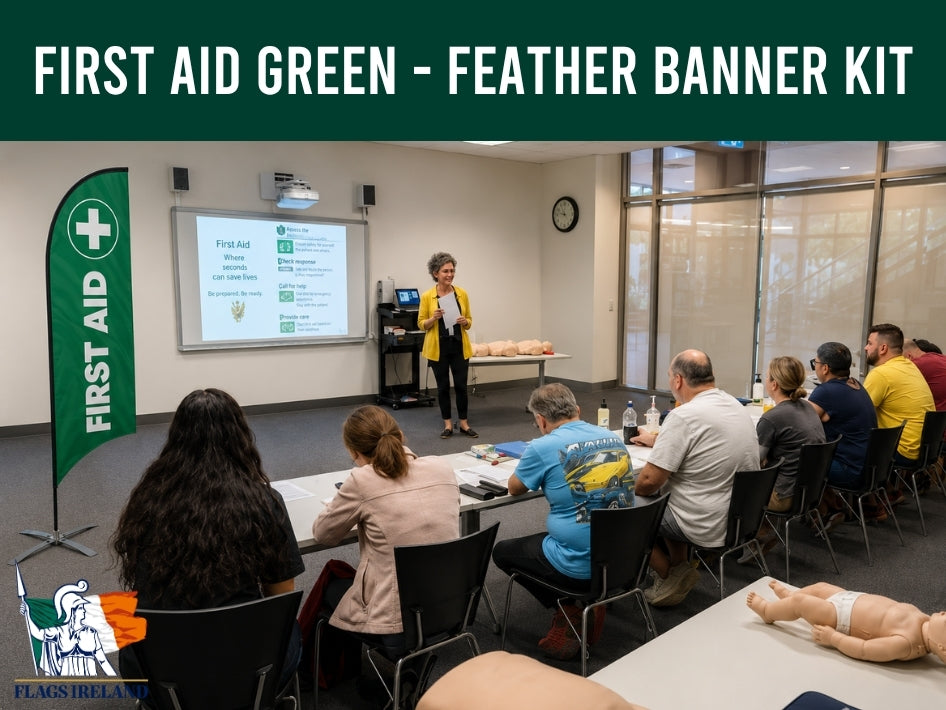 First AID green feather banner placed in a first IAD class