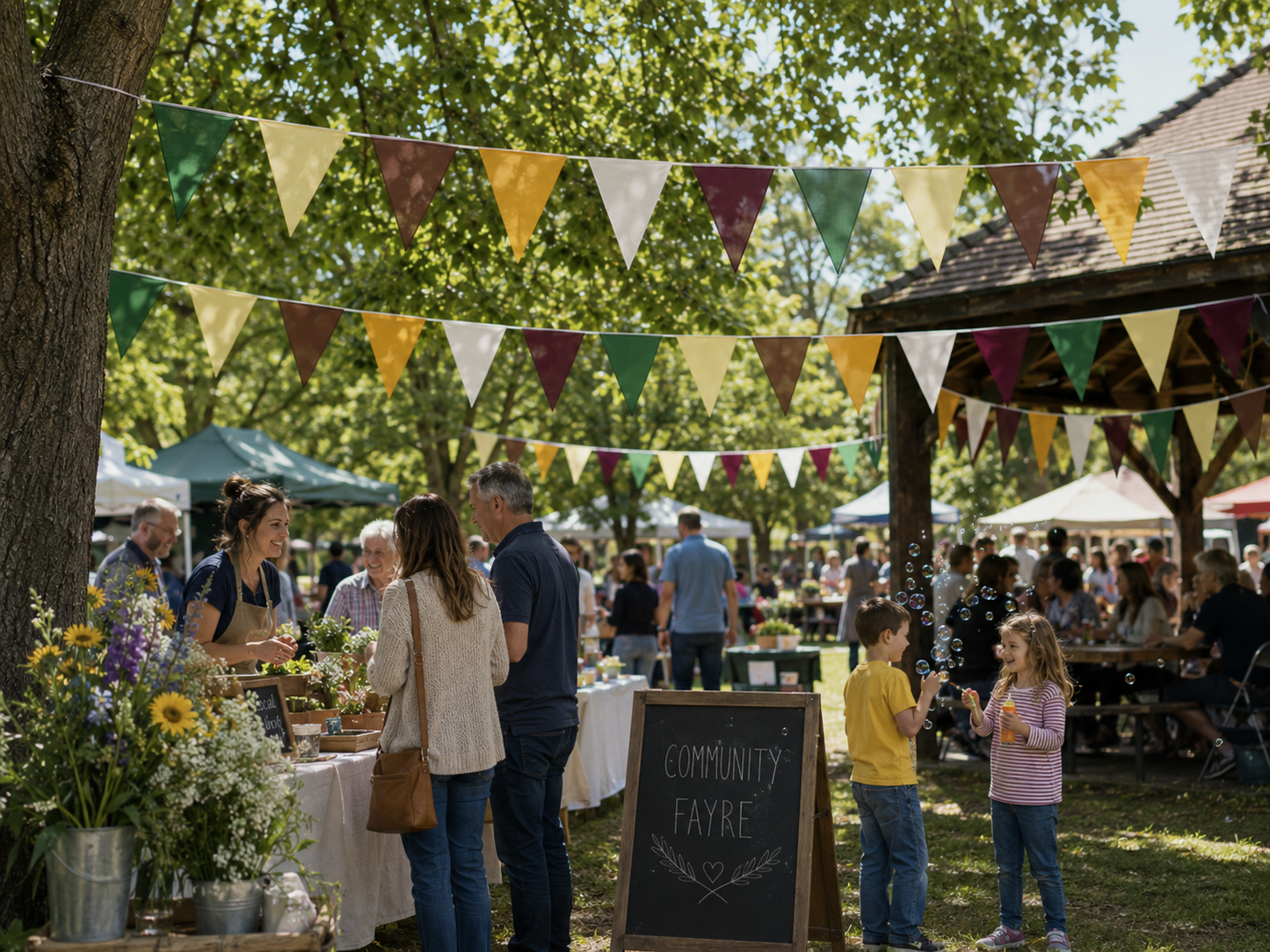 Community fair with colorful bunting, people, and a chalkboard sign in an outdoor setting.