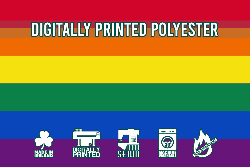 High-quality Printed Polyester Rainbow Pride Flag, made in Ireland, ideal for indoor and outdoor use.