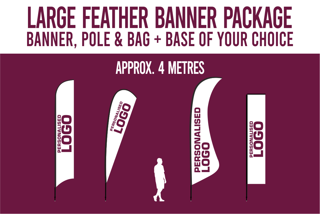 LARGE(approx. 4mtr) FEATHER BANNER PACKAGE - Banner, Pole & Bag + Base of your choice