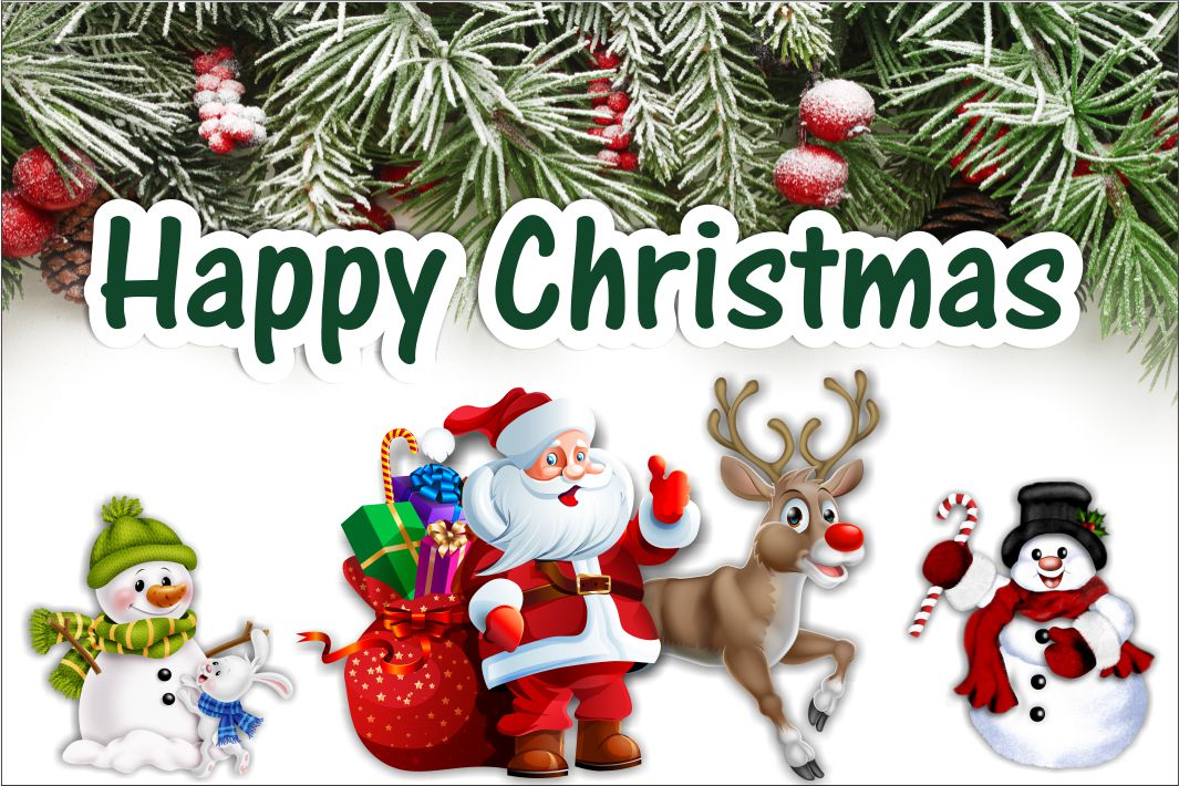 Happy Christmas Santa, Reindeer & Snowman Flag