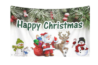 Happy Christmas Santa, Reindeer & Snowman Flag