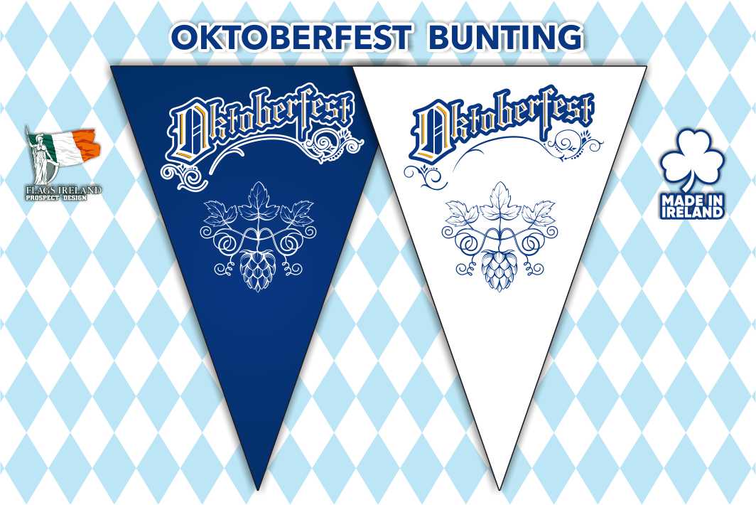 Texto da Oktoberfest, bandeira triangular azul escuro e branca