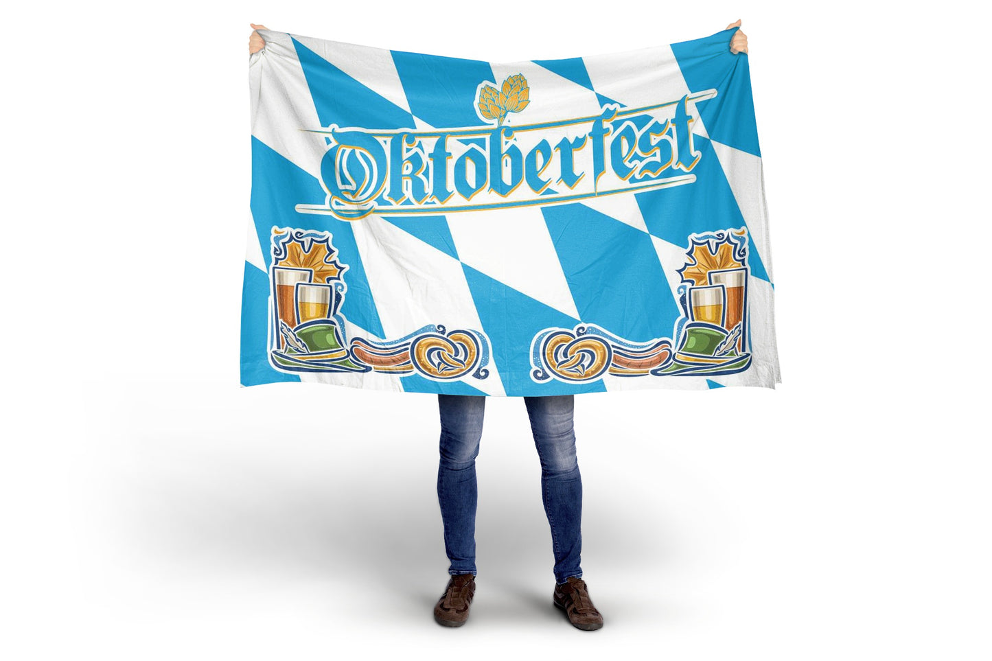 Texto e ícones da Oktoberfest Bandeira de losango azul e branco