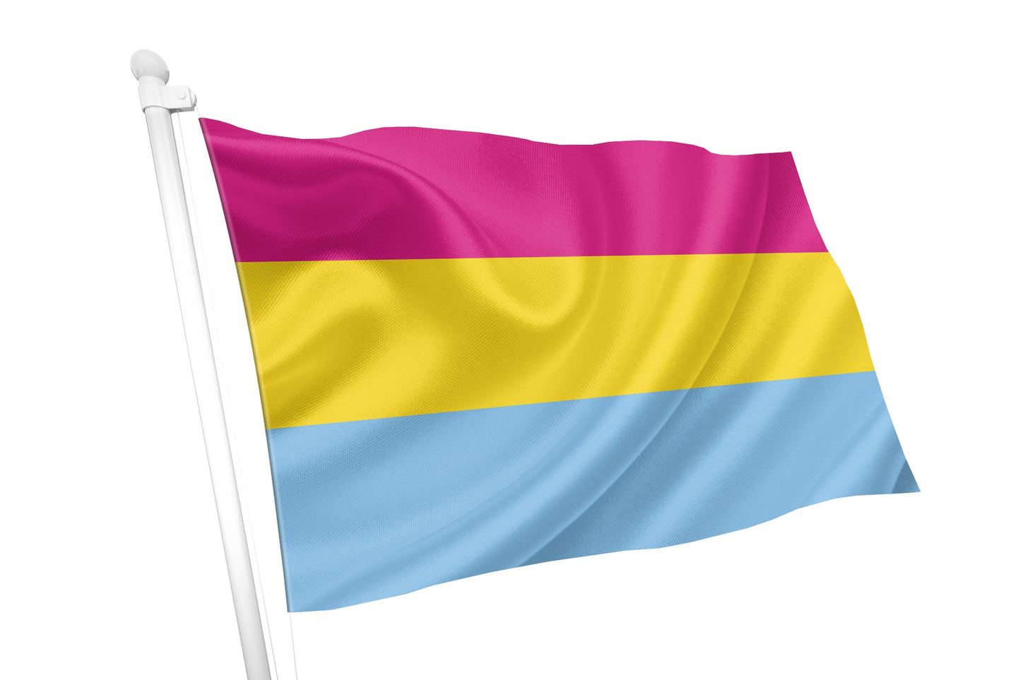 A Pansexual Pride flag waving in the wind on a white flagpole. The fabric ripples, showcasing the bright pink, yellow, and blue stripes against a white background.