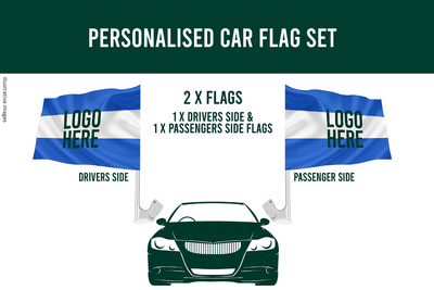 Personalised car flag set with placeholders for logos on a white background