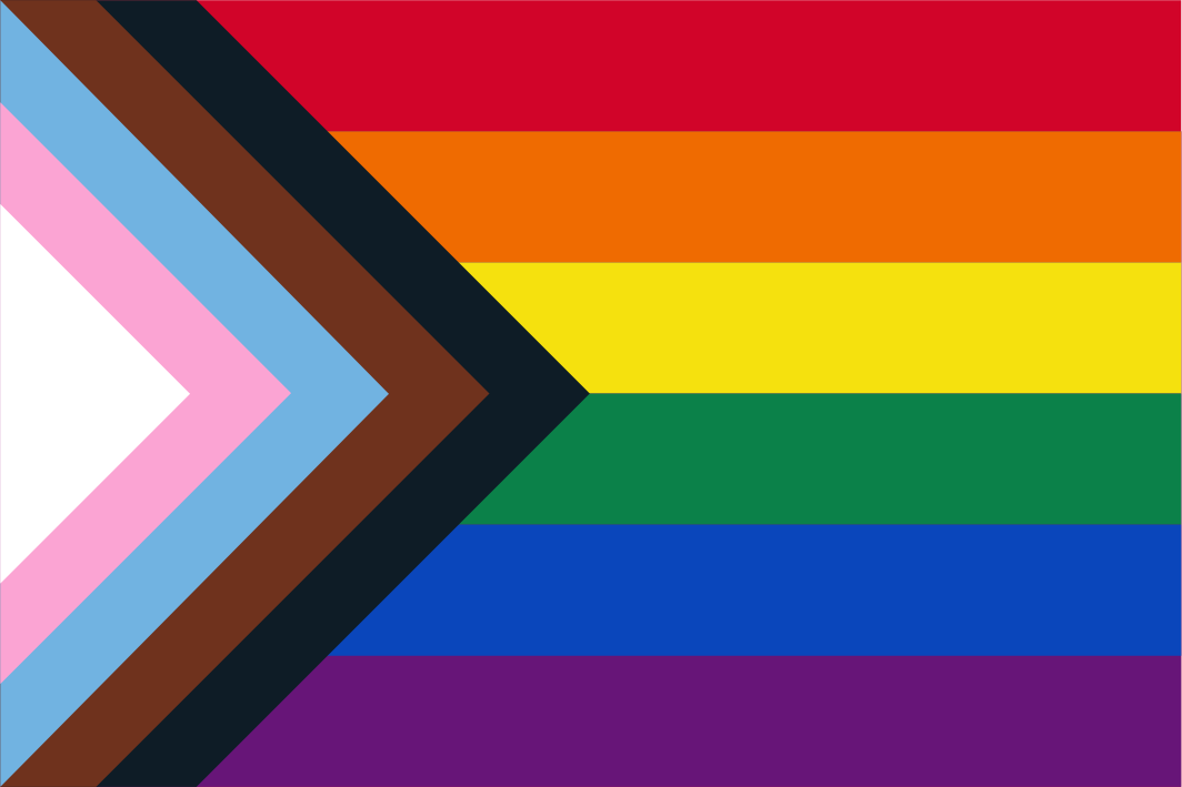 Standard Progress Pride Flag: A classic Progress Pride Flag with a six-colour rainbow background and an added chevron design to represent inclusivity for LGBTQ+ people of colour and the trans community. High-quality fabric ensures durability and vibrancy.