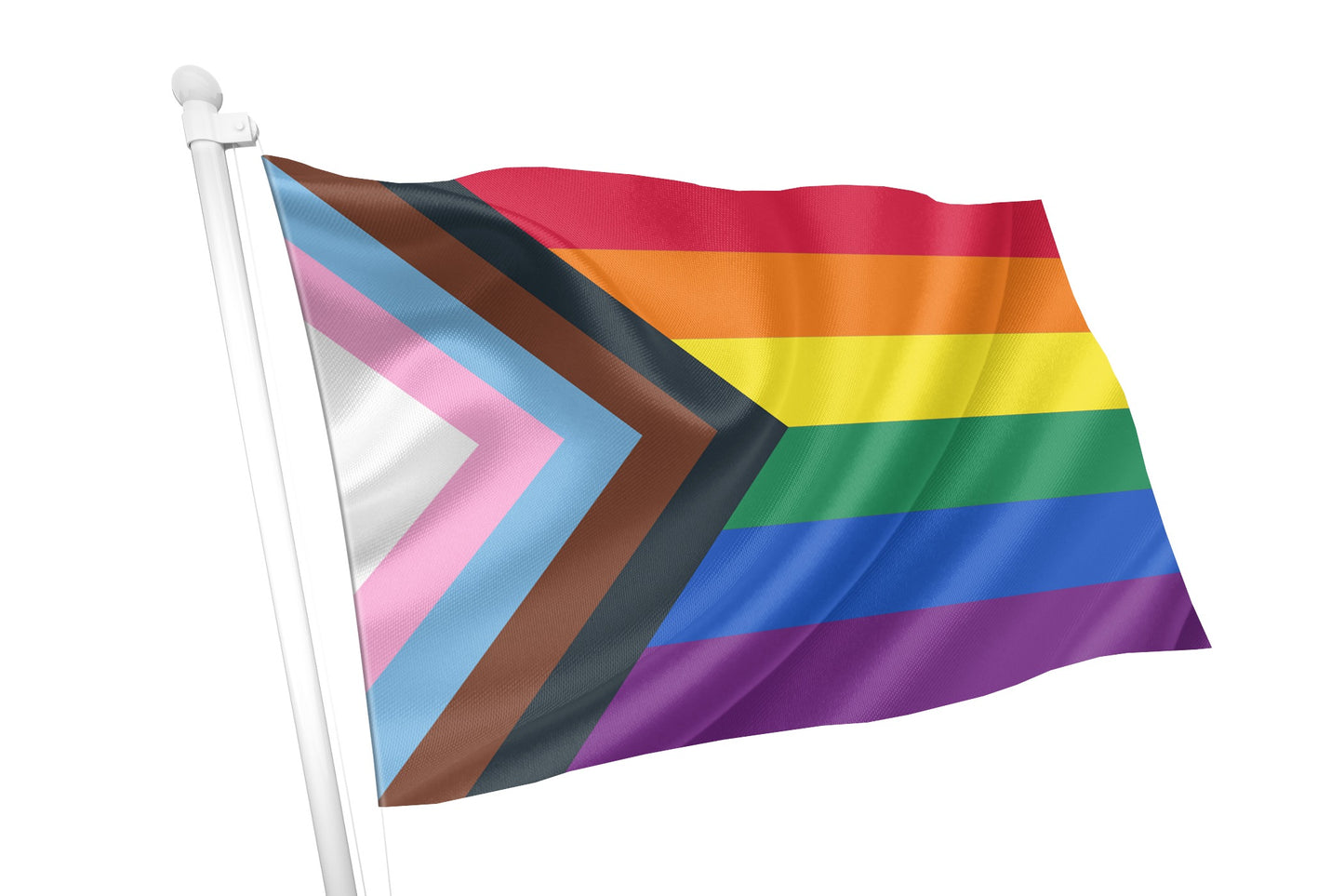 Standard Progress Pride Flag Flying: A classic Progress Pride Flag with a six-colour rainbow background and an added chevron design to represent inclusivity for LGBTQ+ people of colour and the trans community. High-quality fabric ensures durability and vibrancy.