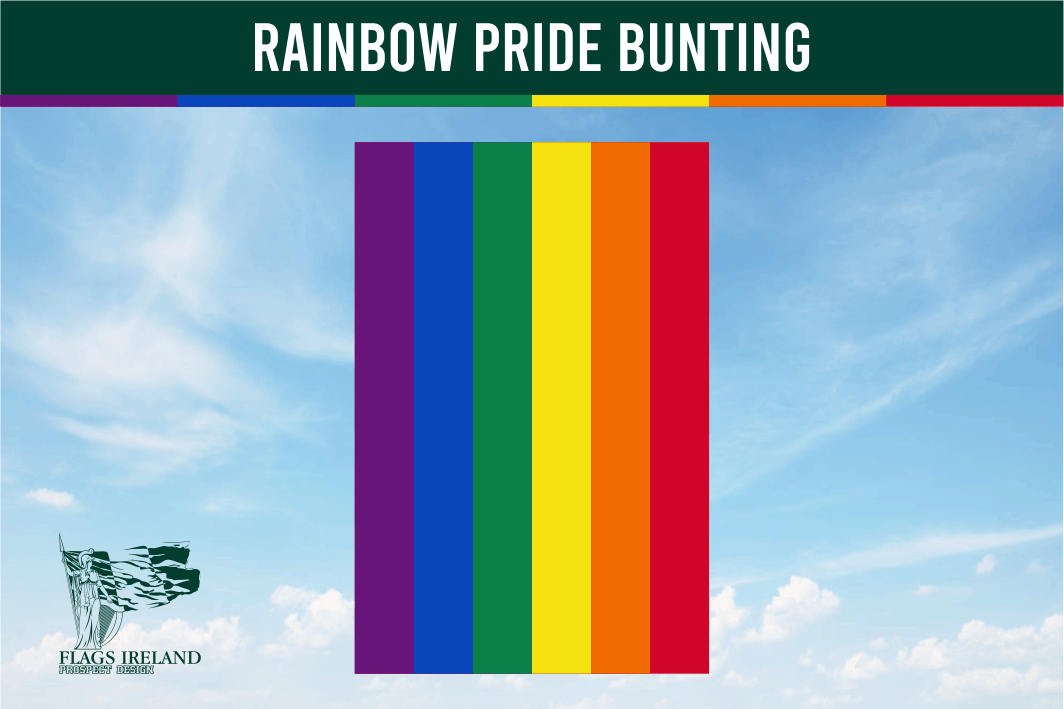 Rainbow Pride Bunting by Flags Ireland featuring vertical stripes in the six traditional Pride colours: red, orange, yellow, green, blue, and purple. High-quality, Irish-made bunting ideal for Pride parades, events, and LGBTQ+ celebrations. Flags Ireland logo positioned in the bottom left corner.