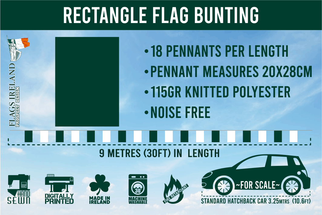 "Rectangle flag bunting specifications image from Flags Ireland. Highlights include 18 pennants per length, each measuring 20x28cm, made from 115gsm knitted polyester, and noise-free. The full bunting length is 9 metres (30ft). Additional features: hand-sewn, digitally printed, made in Ireland, machine washable, and fire retardant. A hatchback car is shown for scale, measuring 3.25 metres (10.6ft), comparing the bunting length to vehicle size."
