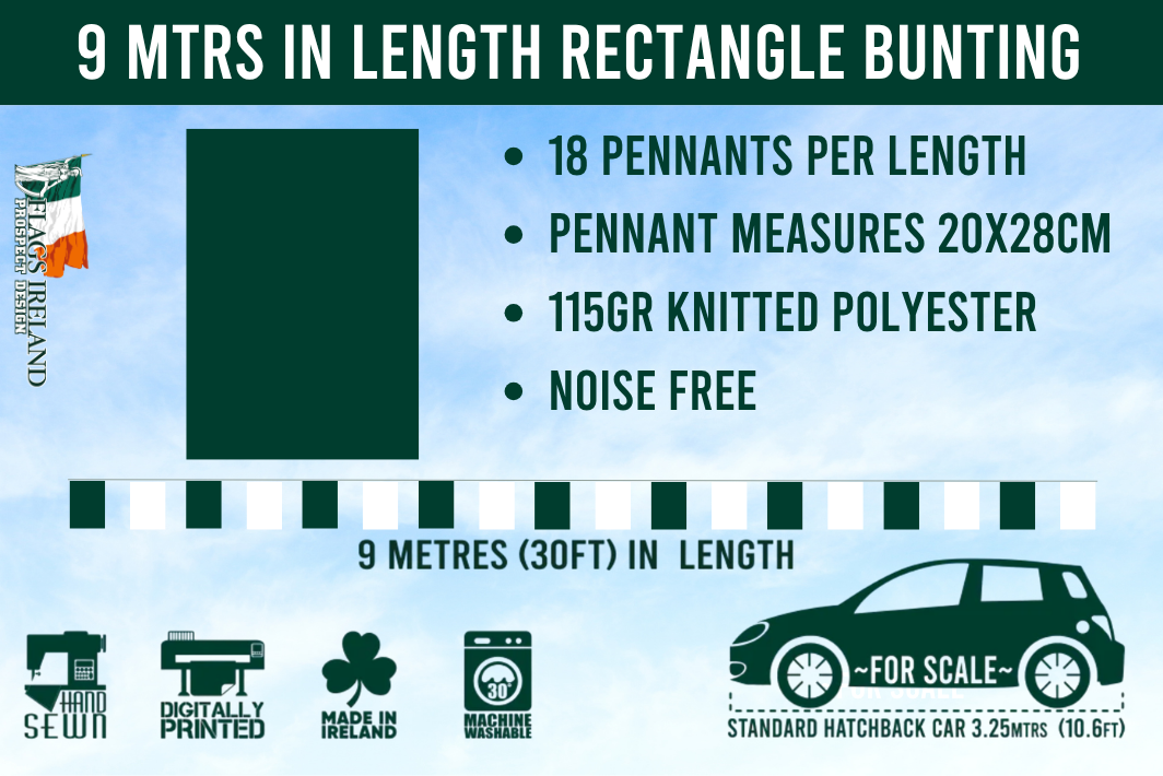 A product information graphic for a rectangular bunting banner. The banner shows a dark green rectangle on a light blue sky background, with text stating it is 9 meters in length, has 18 pennants per length, and is made of 115gr knitted polyester.