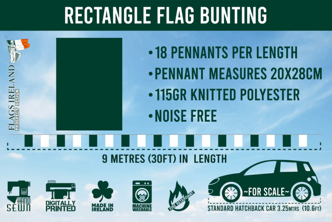 Product description of rectangle flag bunting with specifications and branding details.