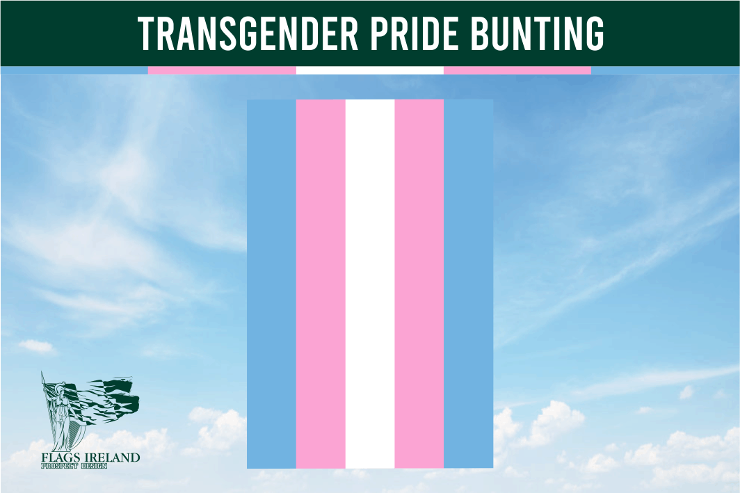 Transgender Pride Bunting – A bunting featuring the Transgender Pride flag with blue, pink, and white stripes.