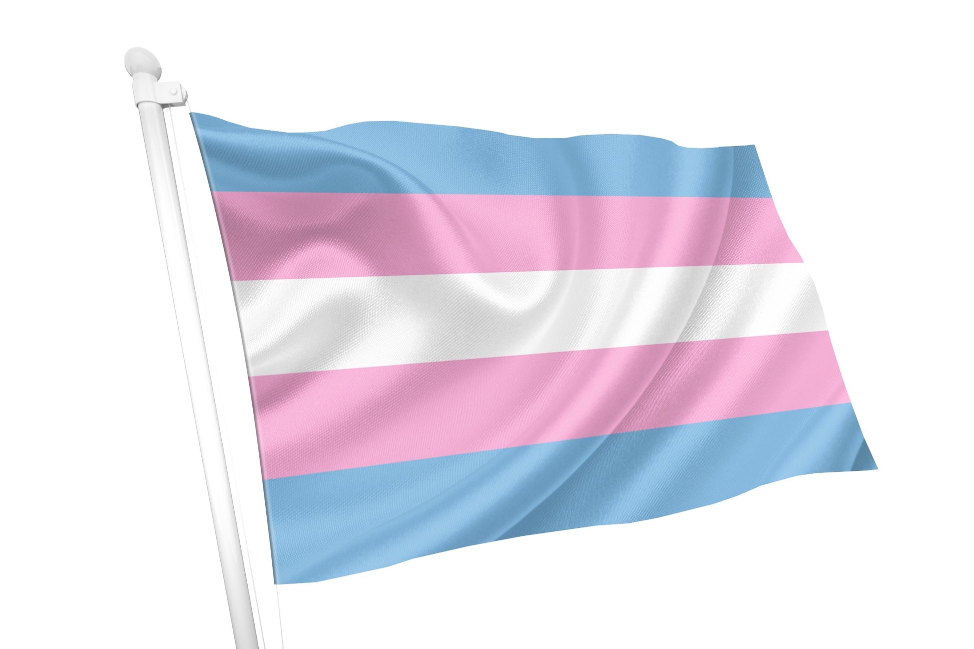 A digital representation of the Transgender Pride flag flaying from a flag poles, featuring five horizontal stripes in light blue, pink, white, pink, and light blue. The flag symbolizes transgender identity, with blue representing traditional masculinity, pink representing traditional femininity, and white representing non-binary, genderqueer, or transitioning individuals.