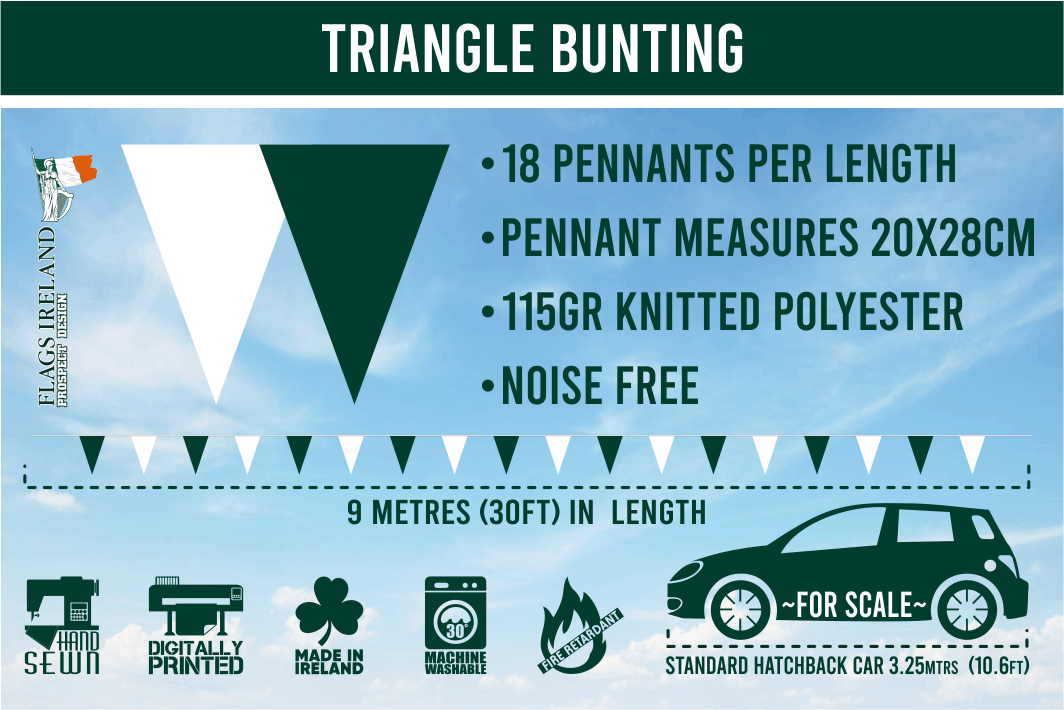 "Triangle Bunting details from Flags Ireland, featuring alternating dark green and white triangle pennants. Specifications include 18 pennants per 9-metre (30ft) length, each measuring 20x28cm, made from 115gsm knitted polyester. The bunting is noise-free, digitally printed, hand-sewn, fire retardant, machine washable, and made in Ireland. A standard hatchback car is shown for scale comparison."