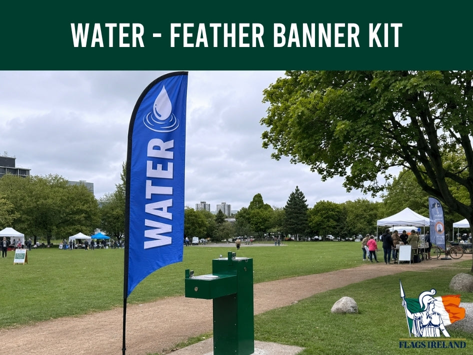 Blue feather banner indicating that free water is available at the public event.