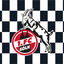 A black and white checkered flag featuring the 1. FC Köln logo in the center, with a black goat jumping over a red circular emblem.