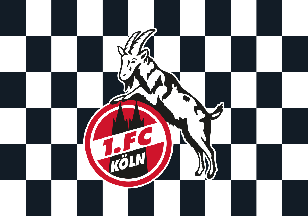 A black and white checkered flag featuring the 1. FC Köln logo in the center, with a black goat jumping over a red circular emblem.