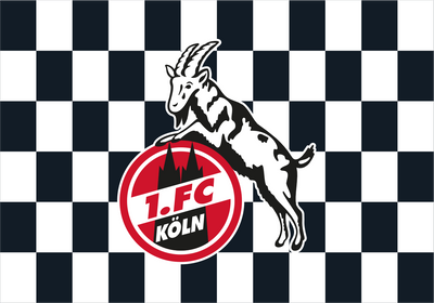 A black and white checkered flag featuring the 1. FC Köln logo in the center, with a black goat jumping over a red circular emblem.