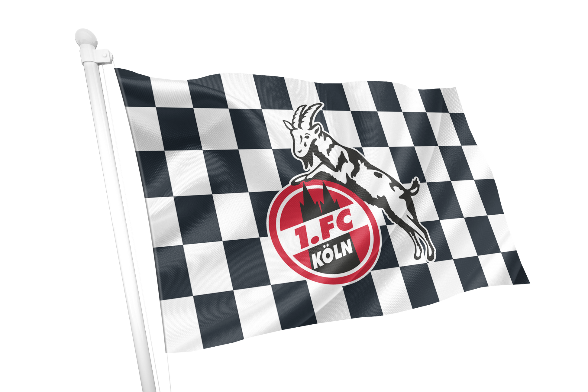A black and white checkered flag on a white pole, featuring the red, white, and black 1. FC Köln logo with a goat graphic in the center, shown against a plain white background.