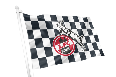 A black and white checkered flag on a white pole, featuring the red, white, and black 1. FC Köln logo with a goat graphic in the center, shown against a plain white background.