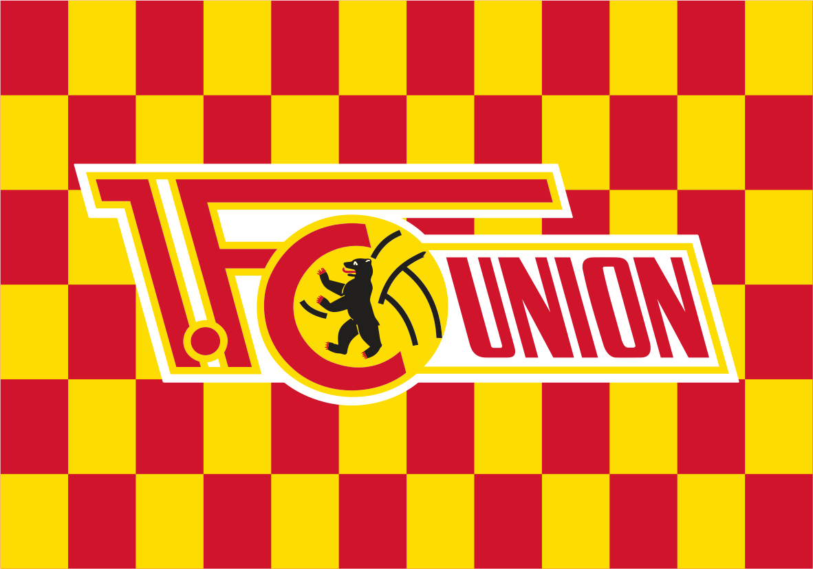 A red and yellow checkered flag featuring the VfL Union Berlin logo in the center, with a black bear emblem inside a yellow circle.