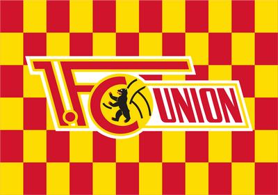 A red and yellow checkered flag featuring the VfL Union Berlin logo in the center, with a black bear emblem inside a yellow circle.