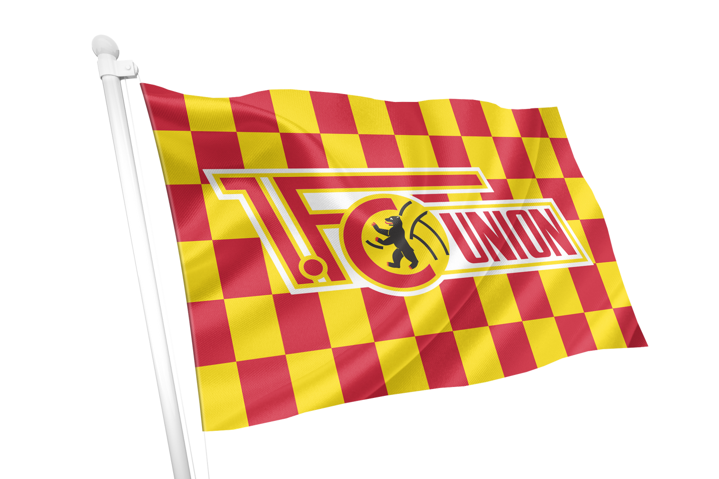A red and yellow checkered flag on a white pole, featuring a central circular emblem with a black lion and the word 'UNION' in red outlined lettering.