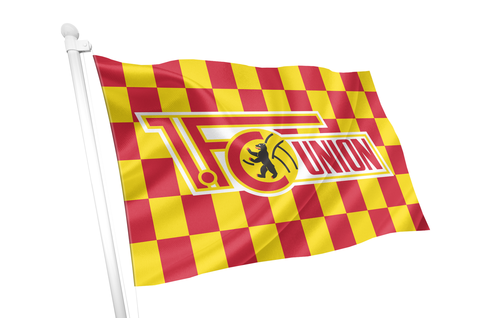 A red and yellow checkered flag on a white pole, featuring a central circular emblem with a black lion and the word 'UNION' in red outlined lettering.