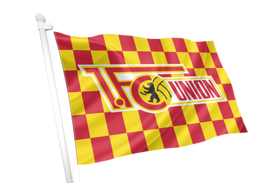 A red and yellow checkered flag on a white pole, featuring a central circular emblem with a black lion and the word 'UNION' in red outlined lettering.