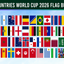 Bunting with flags of 48 countries for World Cup 2026 on a blue background & two WC design pennants. All World Cup 2026 countries.