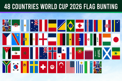 Bunting with flags of 48 countries for World Cup 2026 on a blue background & two WC design pennants. All World Cup 2026 countries.