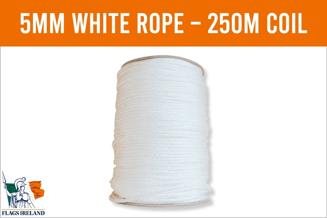A spool of white 5mm rope, 250 meters long, shown on a white background with an orange header that reads '5MM WHITE ROPE - 250M COIL'. A small 'Flags Ireland' logo is visible in the bottom-left corner.