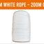 A spool of white rope centered on a white background with an orange banner at the top reading '6MM WHITE ROPE - 200M COIL' and a small 'Flags Ireland' logo in the lower left corner.
