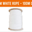 A spool of white 8mm rope, 100 meters long, shown on a light gray background with an orange banner at the top reading '8MM WHITE ROPE - 100M COIL'. A small 'Flags Ireland' logo is visible in the bottom-left corner.