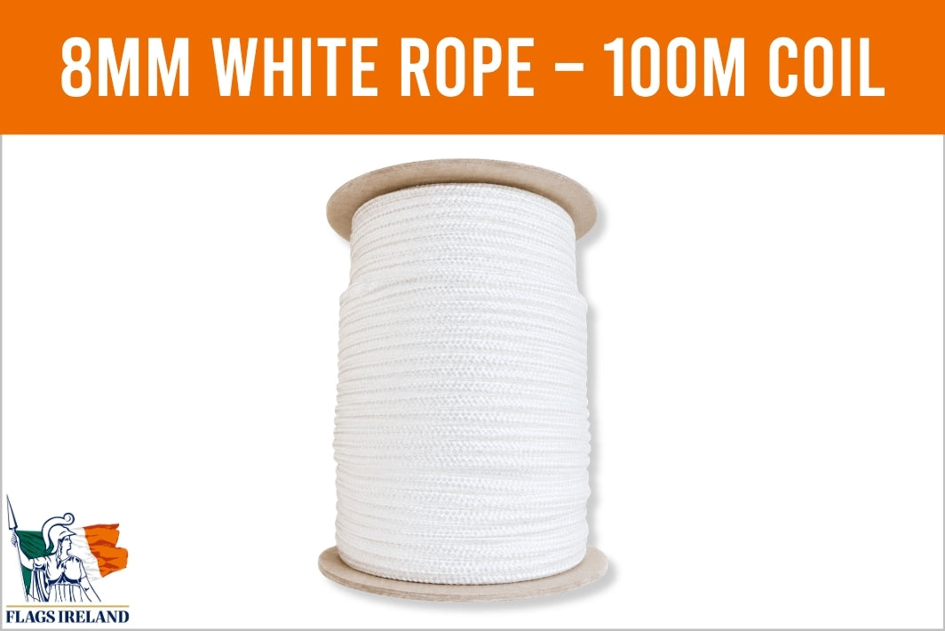 A spool of white 8mm rope, 100 meters long, shown on a light gray background with an orange banner at the top reading '8MM WHITE ROPE - 100M COIL'. A small 'Flags Ireland' logo is visible in the bottom-left corner.