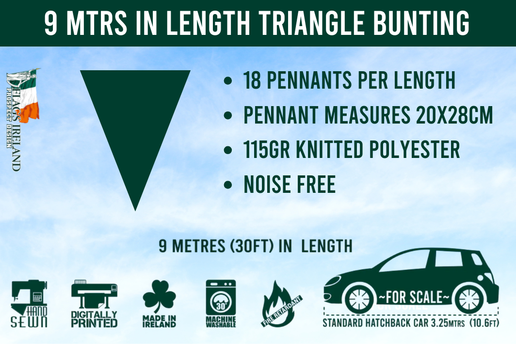 Triangle bunting product description with specifications on a blue background