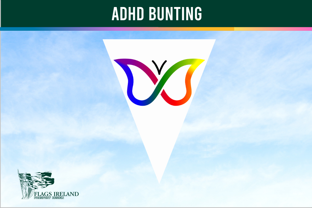 Colorful bunting with a butterfly design against a blue sky, branded as 'Flags Ireland'. ADHD - Attention-Deficit/Hyperactivity Disorder Bunting