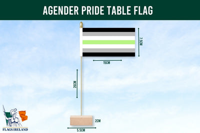 Agender pride table flag with dimensions on a blue background