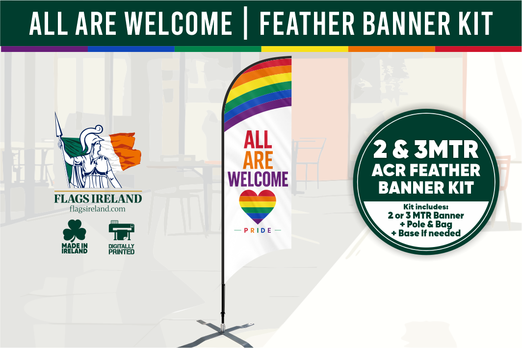 Feather banner kit with rainbow design and text 'All are Welcome' from Flags Ireland.