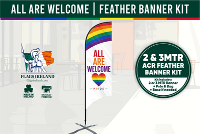 Feather banner kit with rainbow design and text 'All are Welcome' from Flags Ireland.