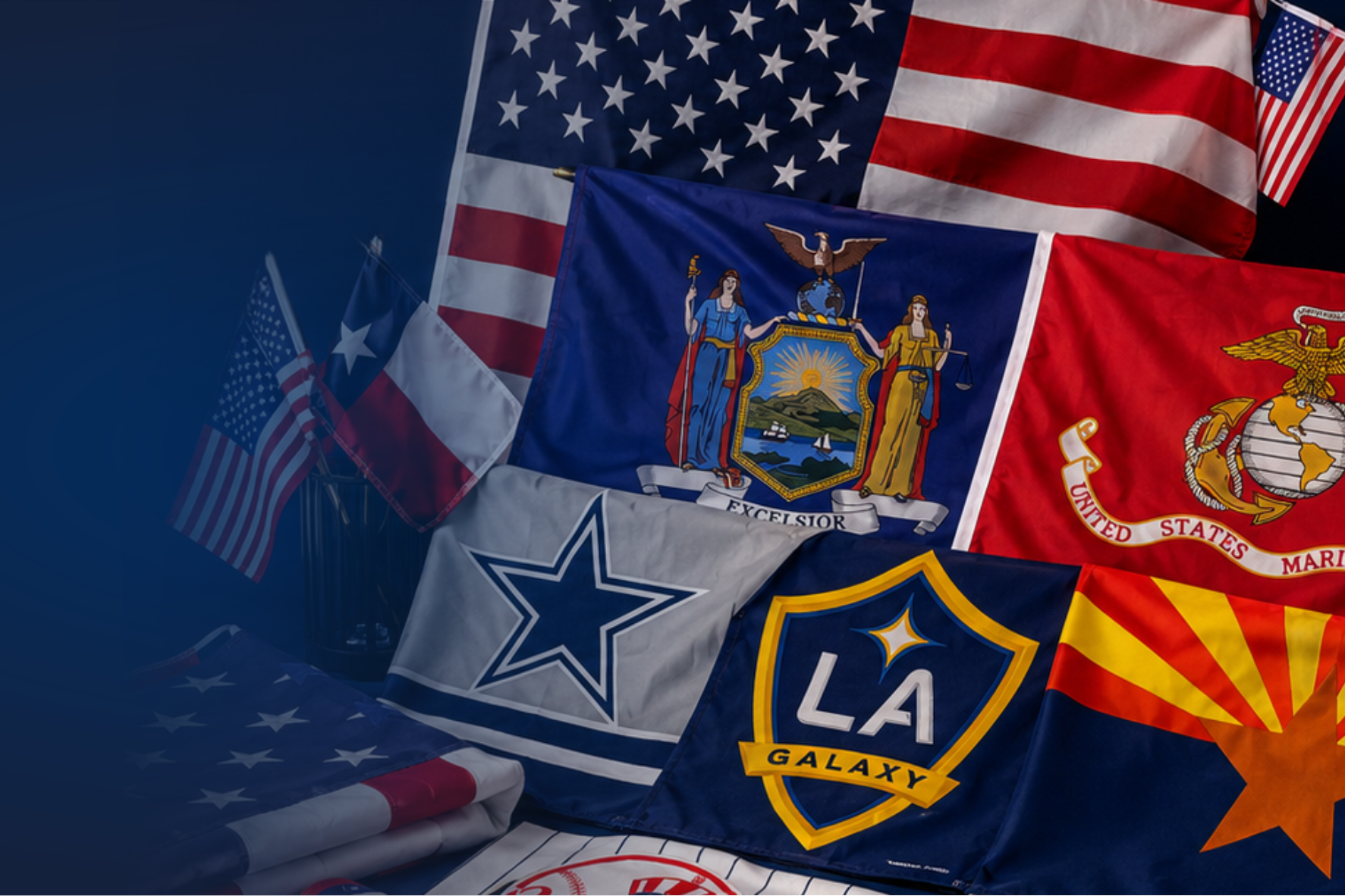 A collage of multiple United States flags and military/state flags, including the U.S.