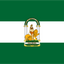 Flag with a central emblem featuring a lion and a figure on a green background. Andalusia Flag.
