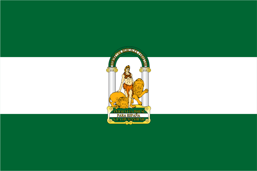 Flag with a central emblem featuring a lion and a figure on a green background. Andalusia Flag.